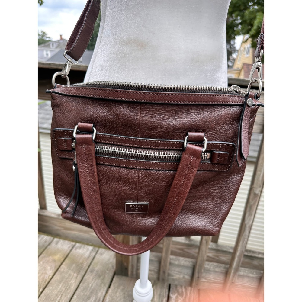 Fossil Dawson Brown Pebbled Leather Satchel Crossbody Bag - Picture 1 of 11